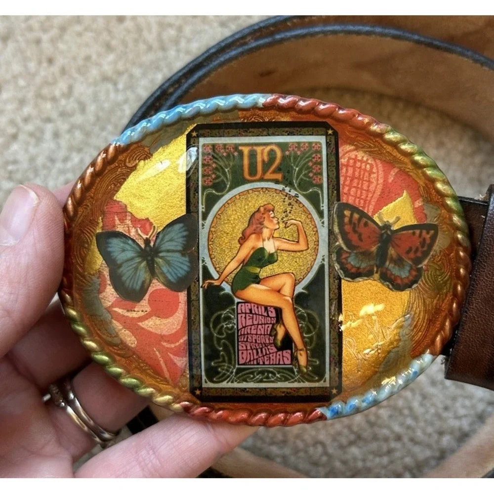 Tooled Leather Belt Butterfly Art Resin Buckle USA Bohemian L Psychedelic Pin Up